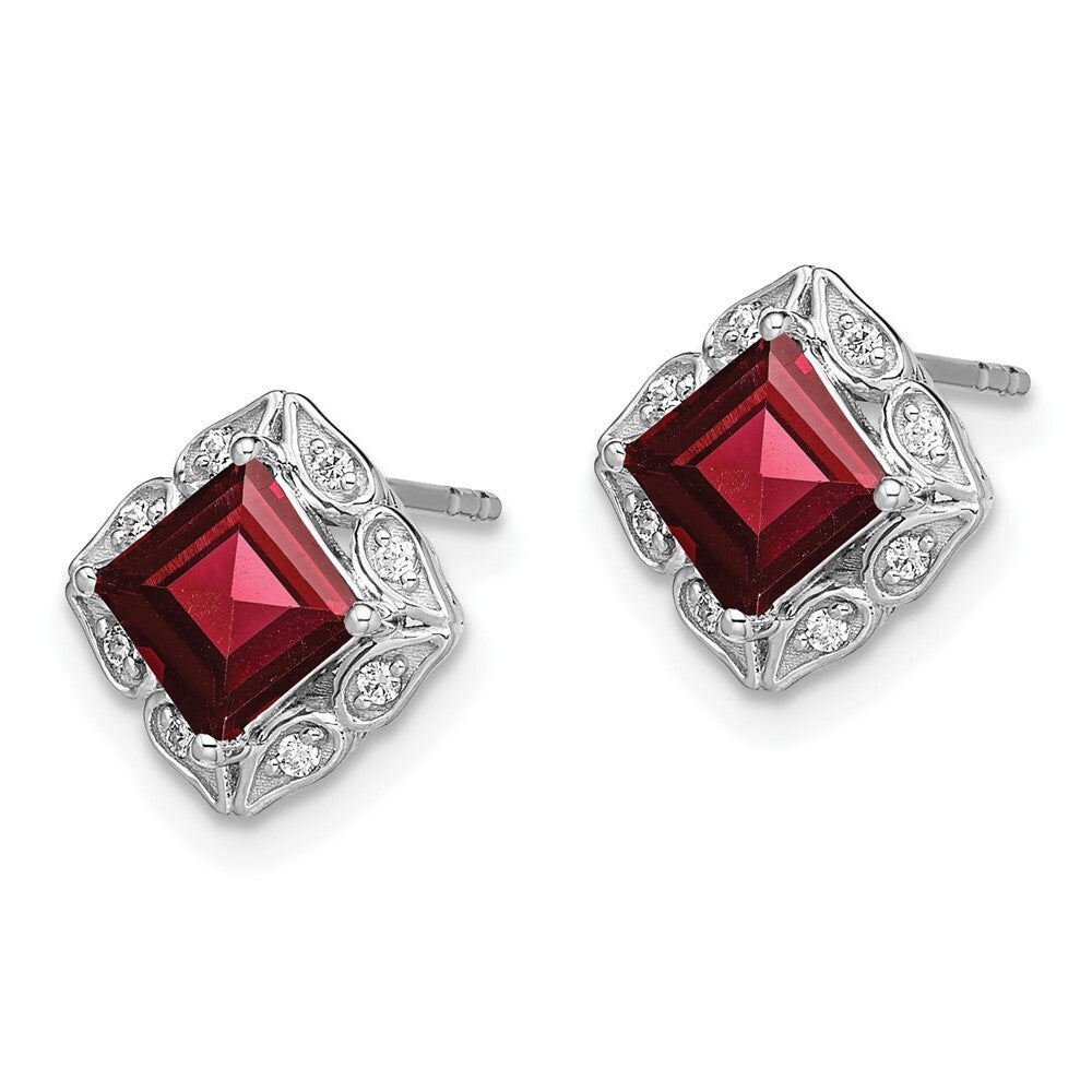 14k White Gold Square Garnet and Diamond Stud Earrings
