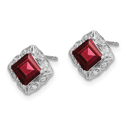 14k White Gold Square Garnet and Diamond Stud Earrings