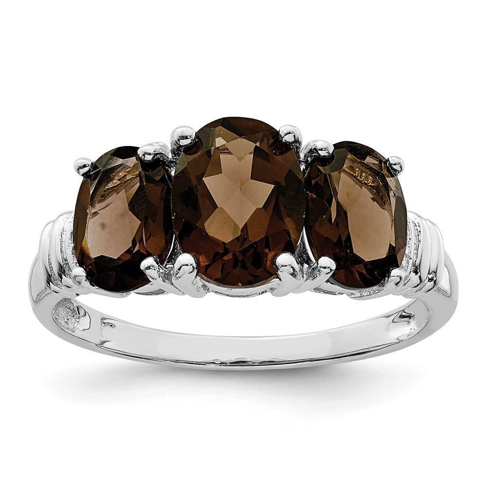 Sterling Silver Rhodium 3 Stone Smoky Quartz & Diamond Ring Size 7