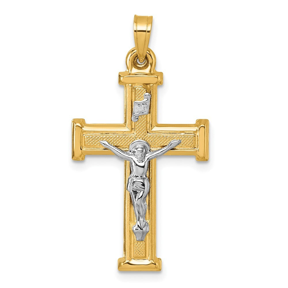 14k Yellow Gold with White Rhodium Polished Textured INRI Crucifix Cross Pendant