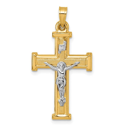 14k Yellow Gold with White Rhodium Polished Textured INRI Crucifix Cross Pendant