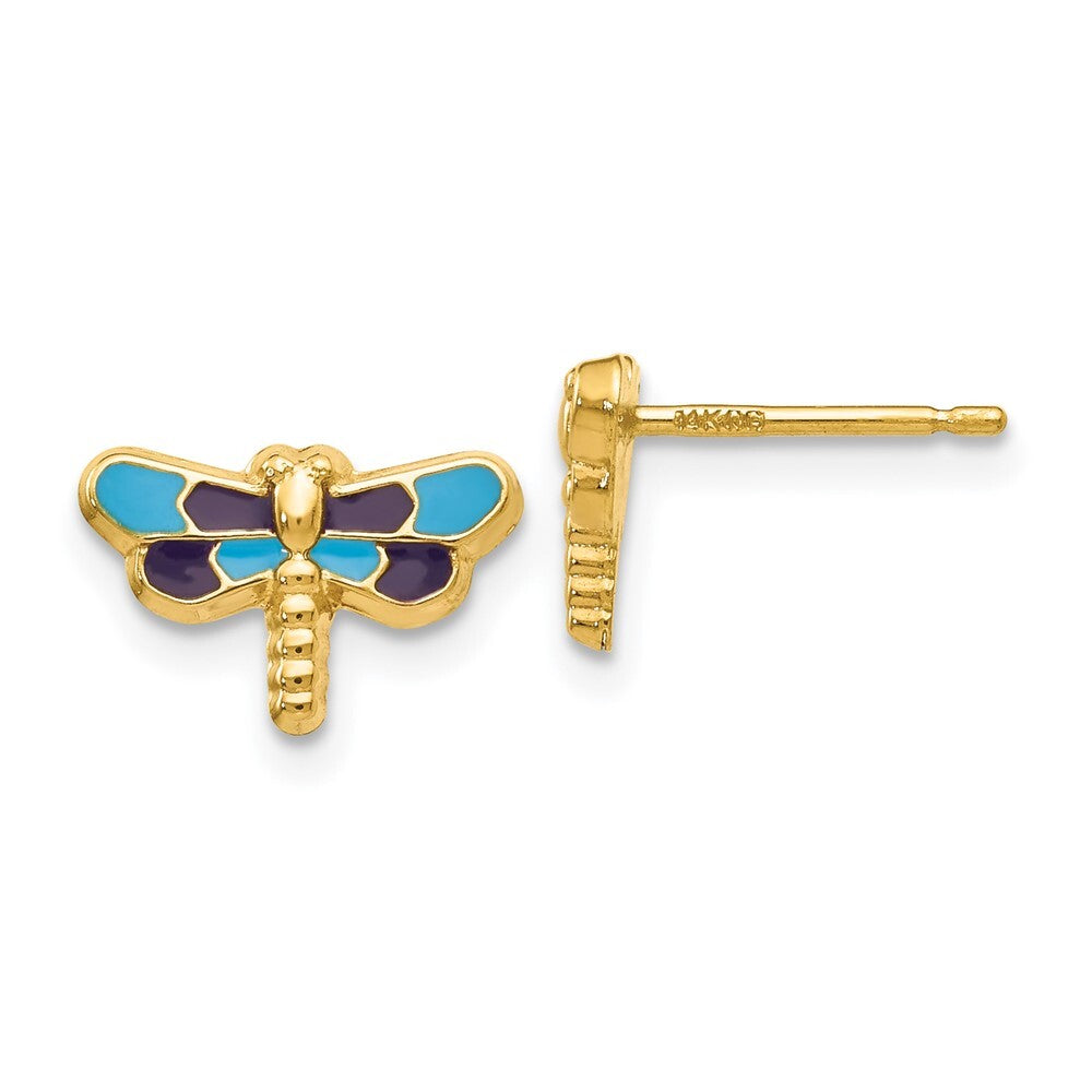 14k Yellow Gold Enameled Dragonfly Stud Earrings Gift for Women