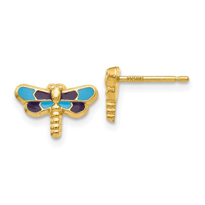 14k Yellow Gold Enameled Dragonfly Stud Earrings Gift for Women