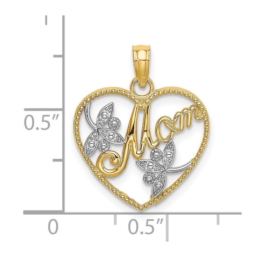 14k Yellow Gold with White Rhodium Textured Heart with MOM Charm