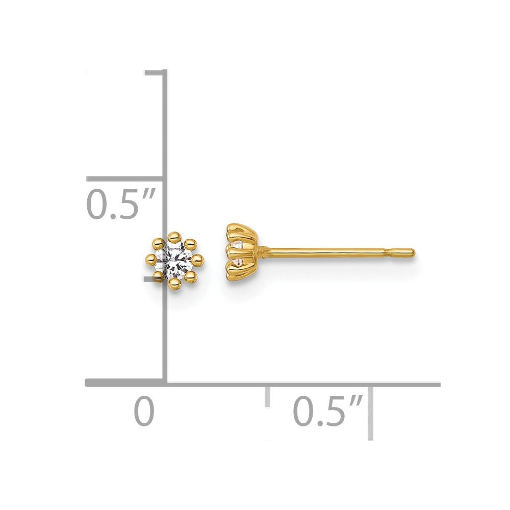 14k Yellow Gold Polished and Beaded Round Cubic Zirconia Stud Earrings