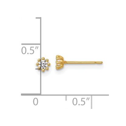 14k Yellow Gold Polished and Beaded Round Cubic Zirconia Stud Earrings