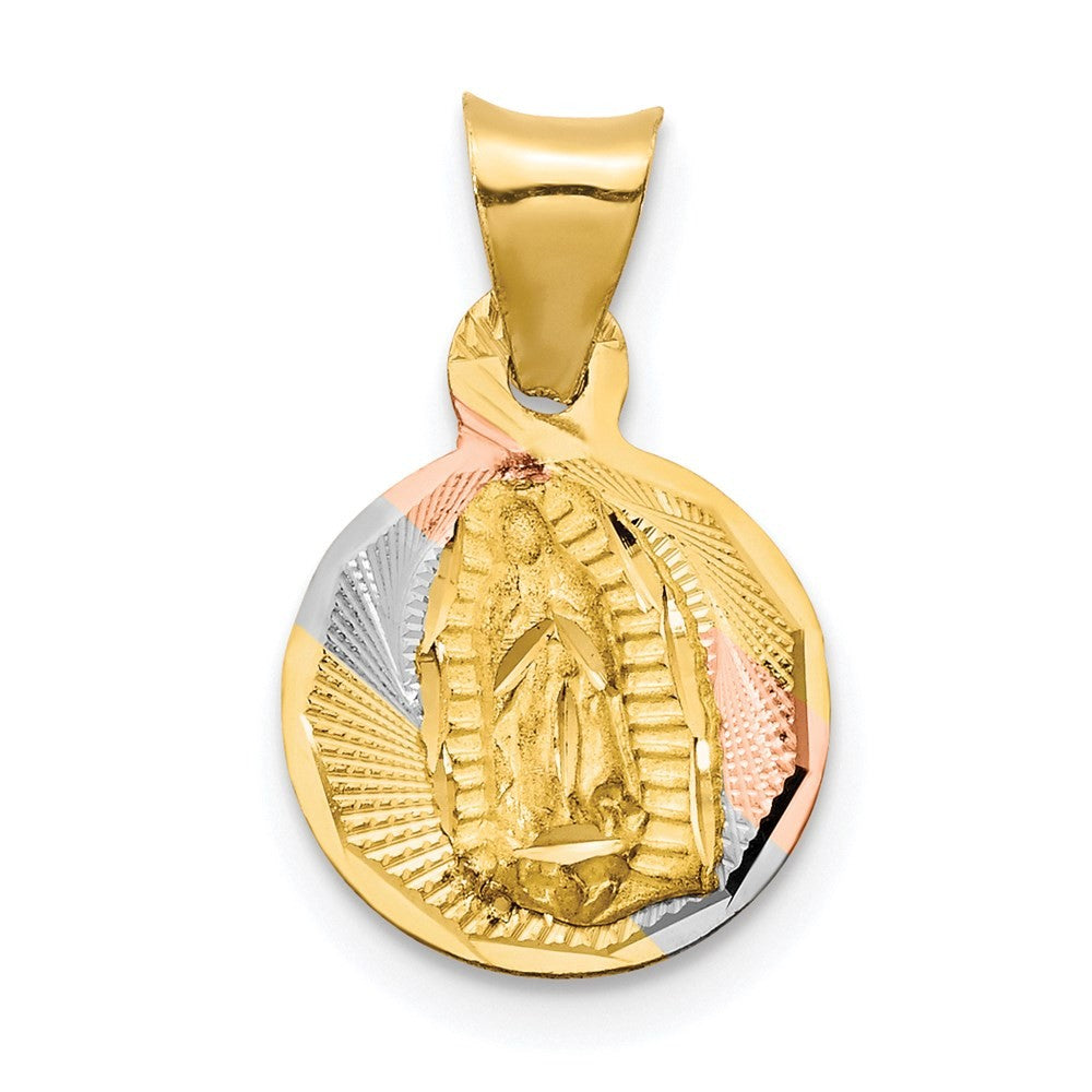 14k Yellow Gold w/Rhodium Polished Diamond-Cut Lady Of Guadalupe Circle Pendant