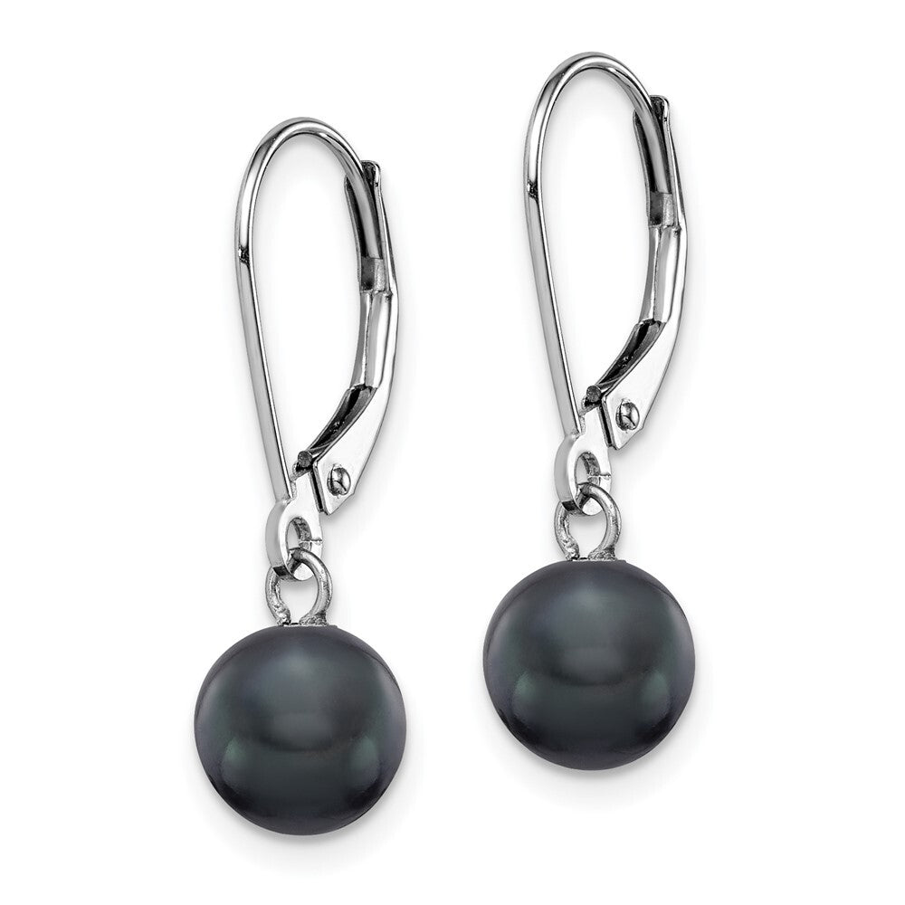 14k Gold 7-8mm Black Round Freshwater Cultured Pearl Dangle Leverback Earrings