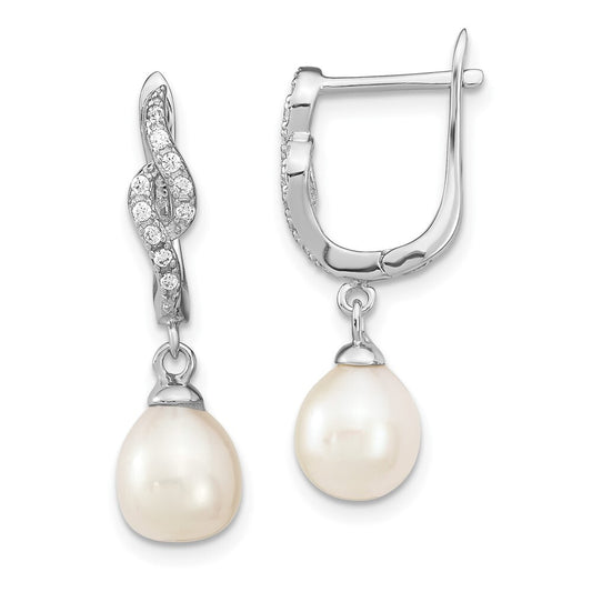 Sterling Silver 7-8mm Teardrop Cultured Pearl & Cubic Zirconia Dangle Earrings