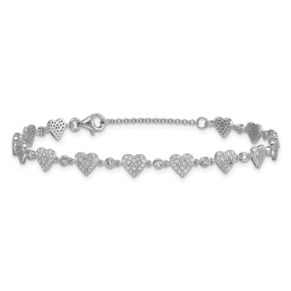 Sterling Silver Rhodium-plated Polished Pave CZ Hearts 7" with 1" Ext Bracelet