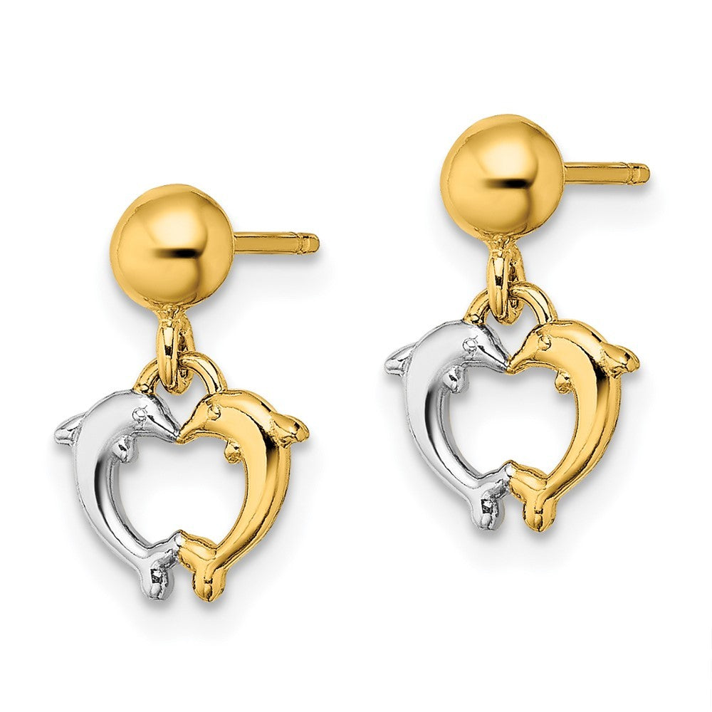 14k Yellow Gold W/ Rhodium Dolphin Dangle Earrings
