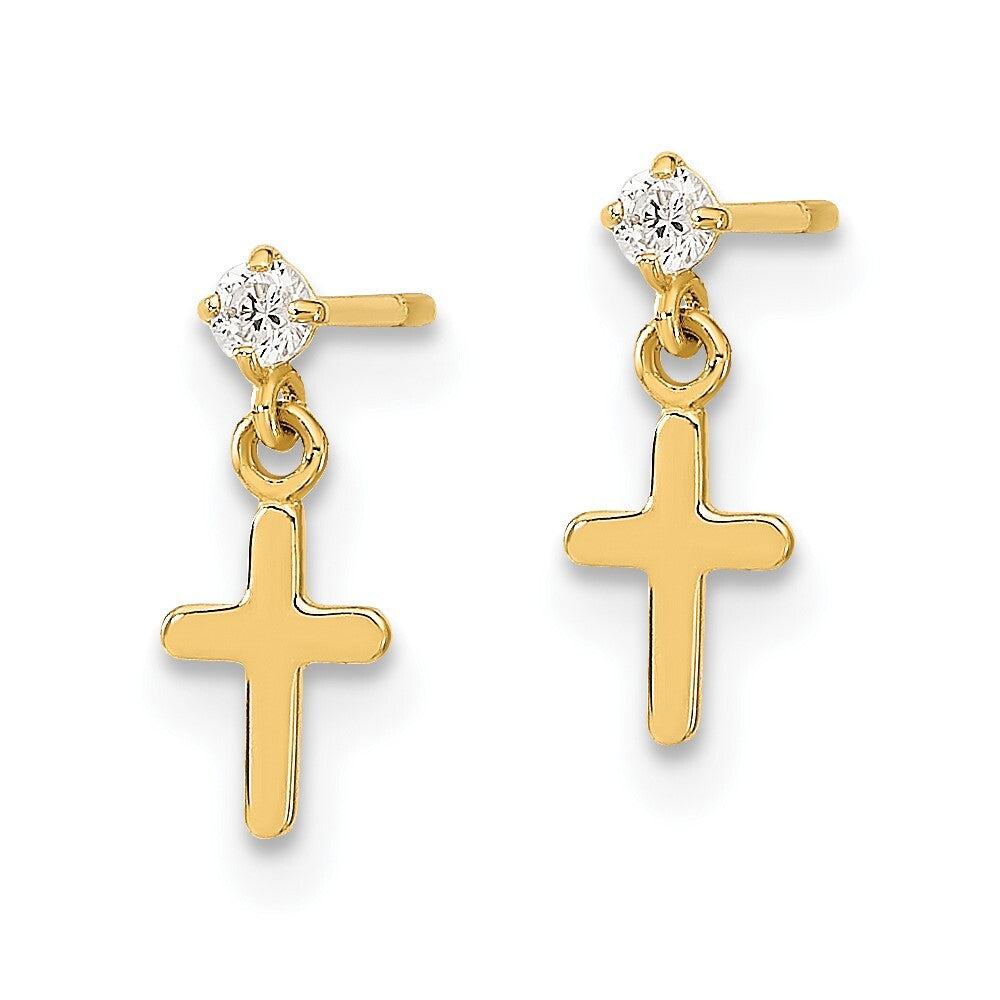 14k Yellow Gold Childrens Cubic Zirconia Cross Dangle Earrings Gift for Women