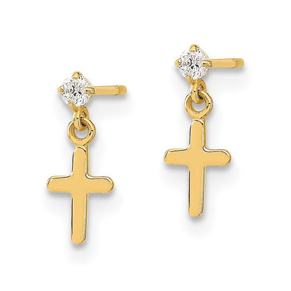 14k Yellow Gold Childrens Cubic Zirconia Cross Dangle Earrings Gift for Women