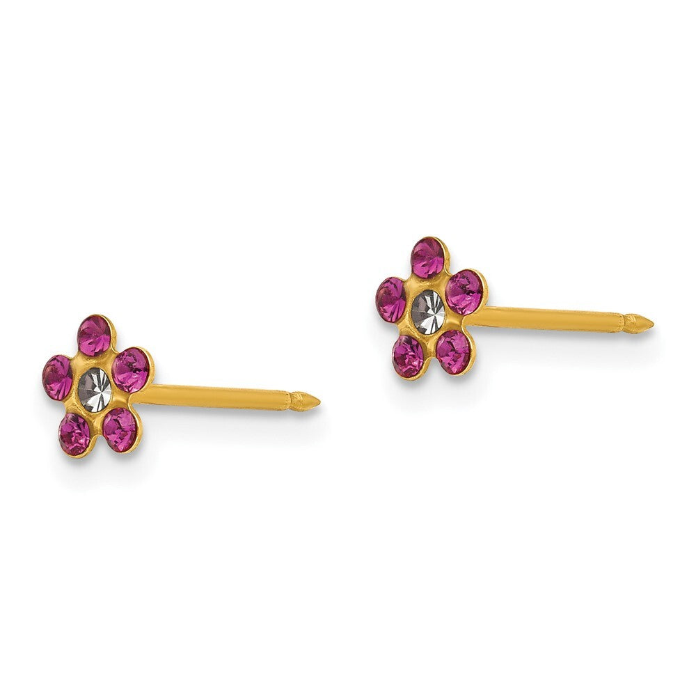 14k Yellow Gold February Purple Crystal Birthstone Flower Stud Earrings