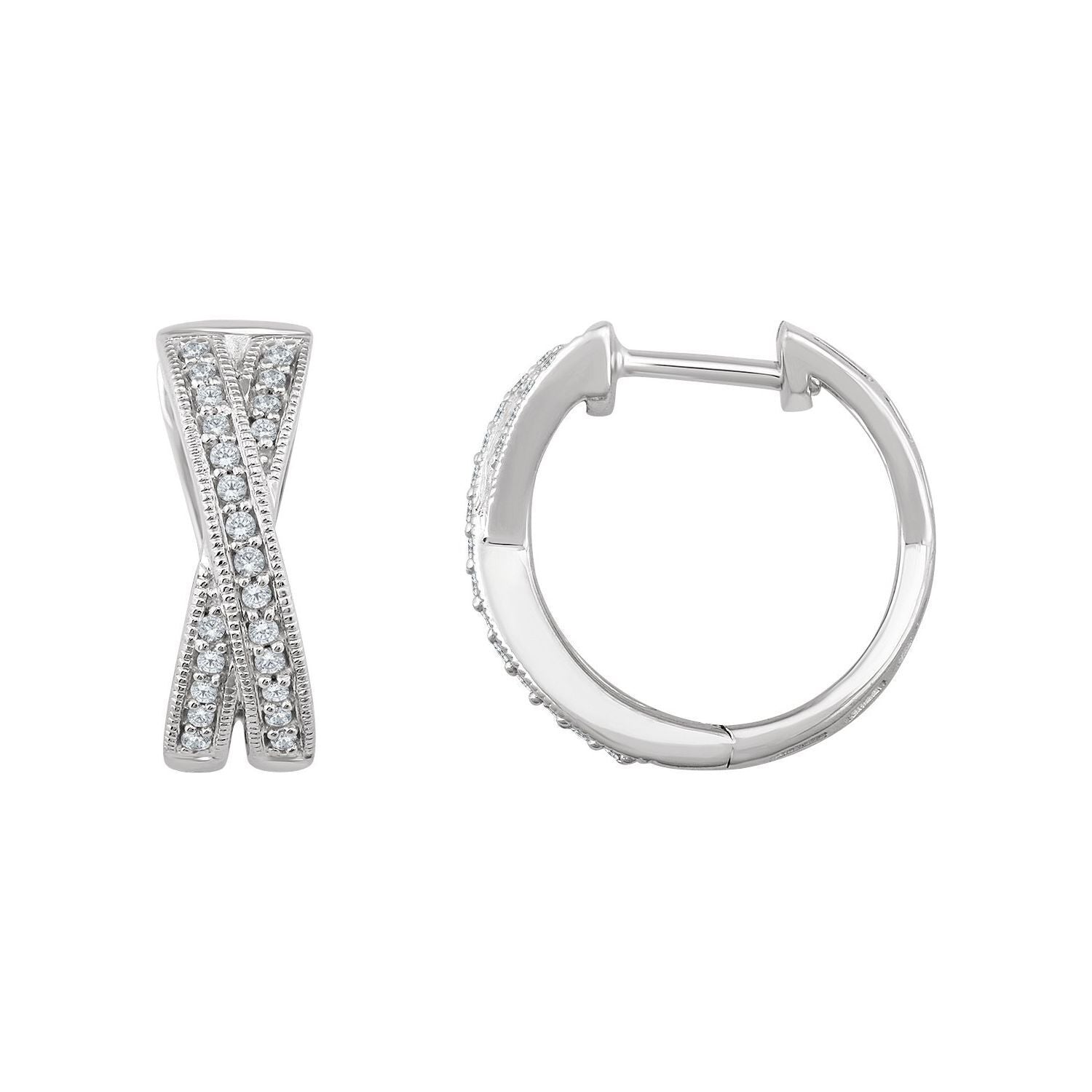 14k White Gold 1/5 CTW Natural Diamond Criss-Cross 15.5 mm Hoop Earrings