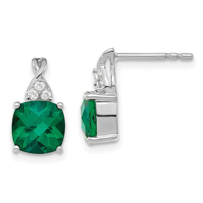 14K White Gold Checkerboard Created Emerald and Diamond Drop & Dangle Earrings
