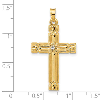 14k Yellow Gold Polished and Grooved Hollow Diamond Cross Pendant for Women