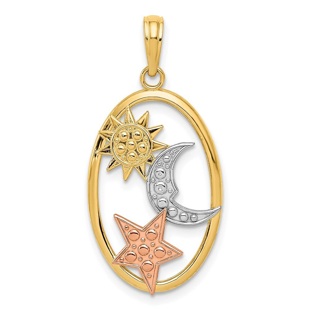 14k Two-tone Gold White Rhodium Sun, Moon and Star Oval Pendant