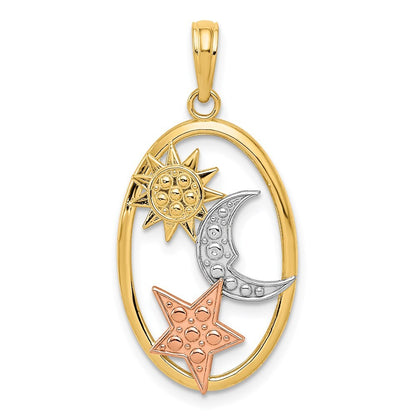 14k Two-tone Gold White Rhodium Sun, Moon and Star Oval Pendant