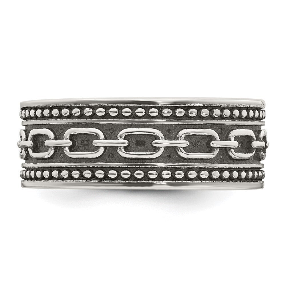 Sterling Silver Polished Beaded Antiqued Chain Link Men's Ring Size 9