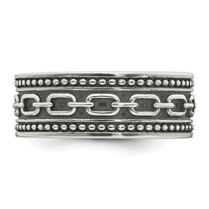 Sterling Silver Polished Beaded Antiqued Chain Link Men's Ring Size 9