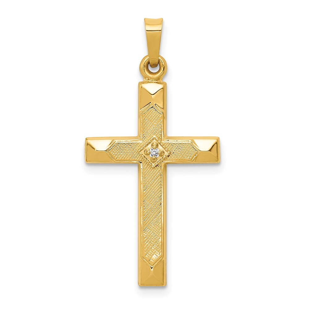 14k Yellow Gold Textured and Polished Diamond Cross Pendant for Women