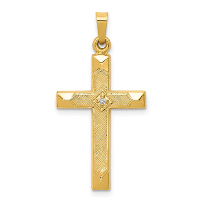 14k Yellow Gold Textured and Polished Diamond Cross Pendant for Women