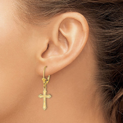 14k Yellow Gold Diamond-Cut Cross Beaded Edge Drop Dangle Earrings