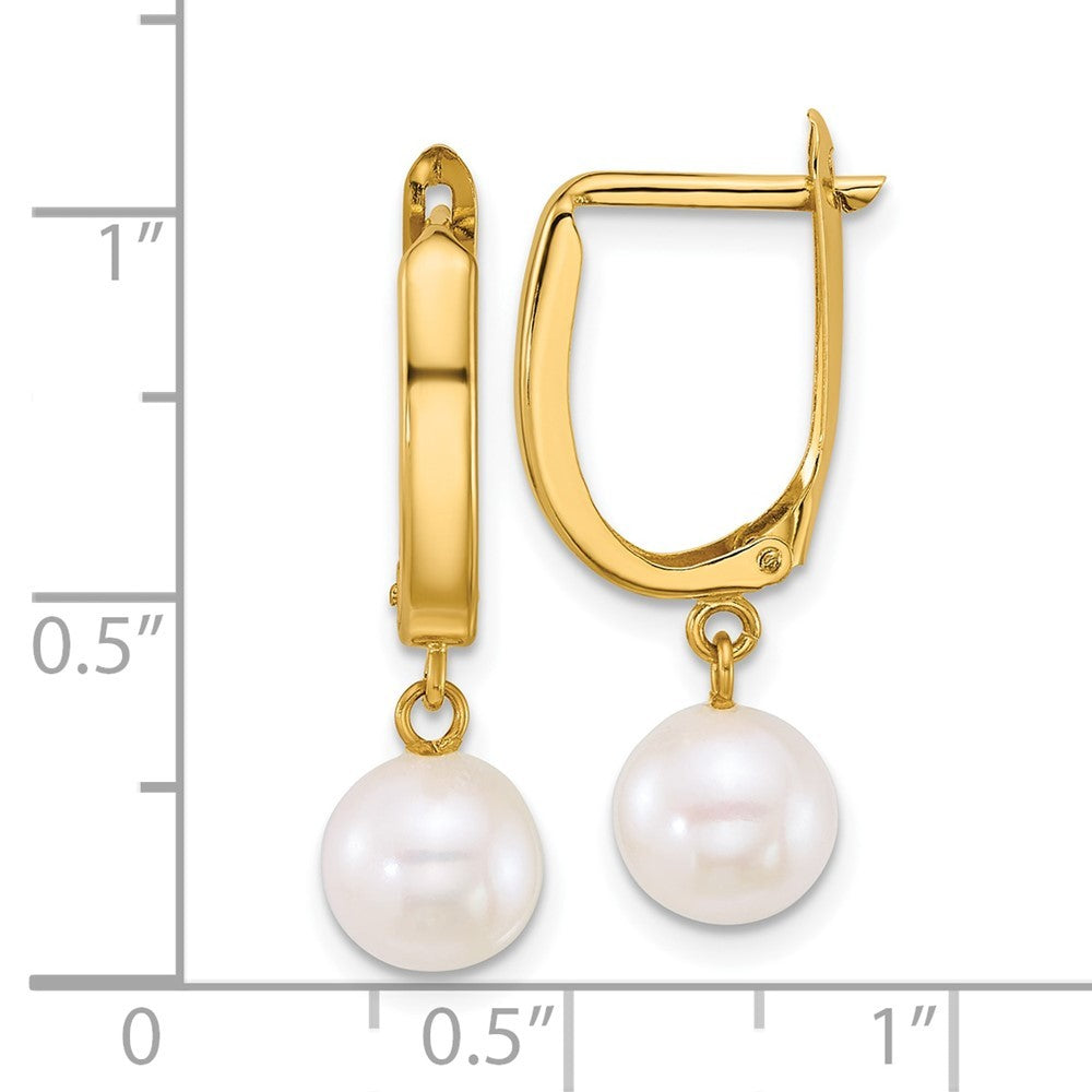14k Yellow Gold 7-8mm Round White Freshwater Cultured Pearl Dangle Hoop Earrings