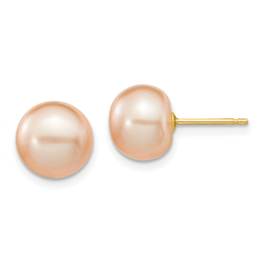 14k Yellow Gold 8-9mm Pink Button Freshwater Cultured Pearl Stud Earrings
