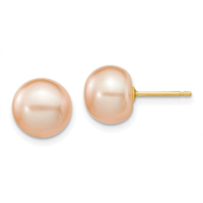 14k Yellow Gold 8-9mm Pink Button Freshwater Cultured Pearl Stud Earrings