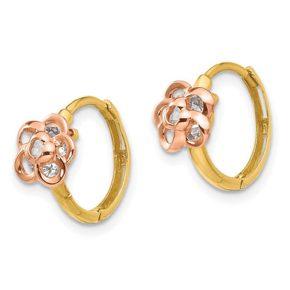 14k Yellow & Rose Gold Cubic Zirconia Flower Hinged Hoop Earrings