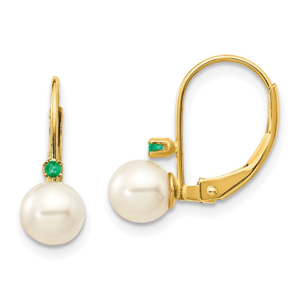 14k Yellow Gold 5-5.5mm White Round FW Cultured Pearl Emerald Leverback Earrings