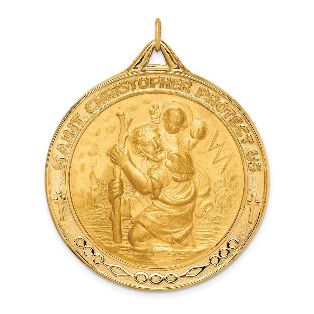 14k Yellow Gold Solid Polished Satin Extra Large Round St. Christopher Medal