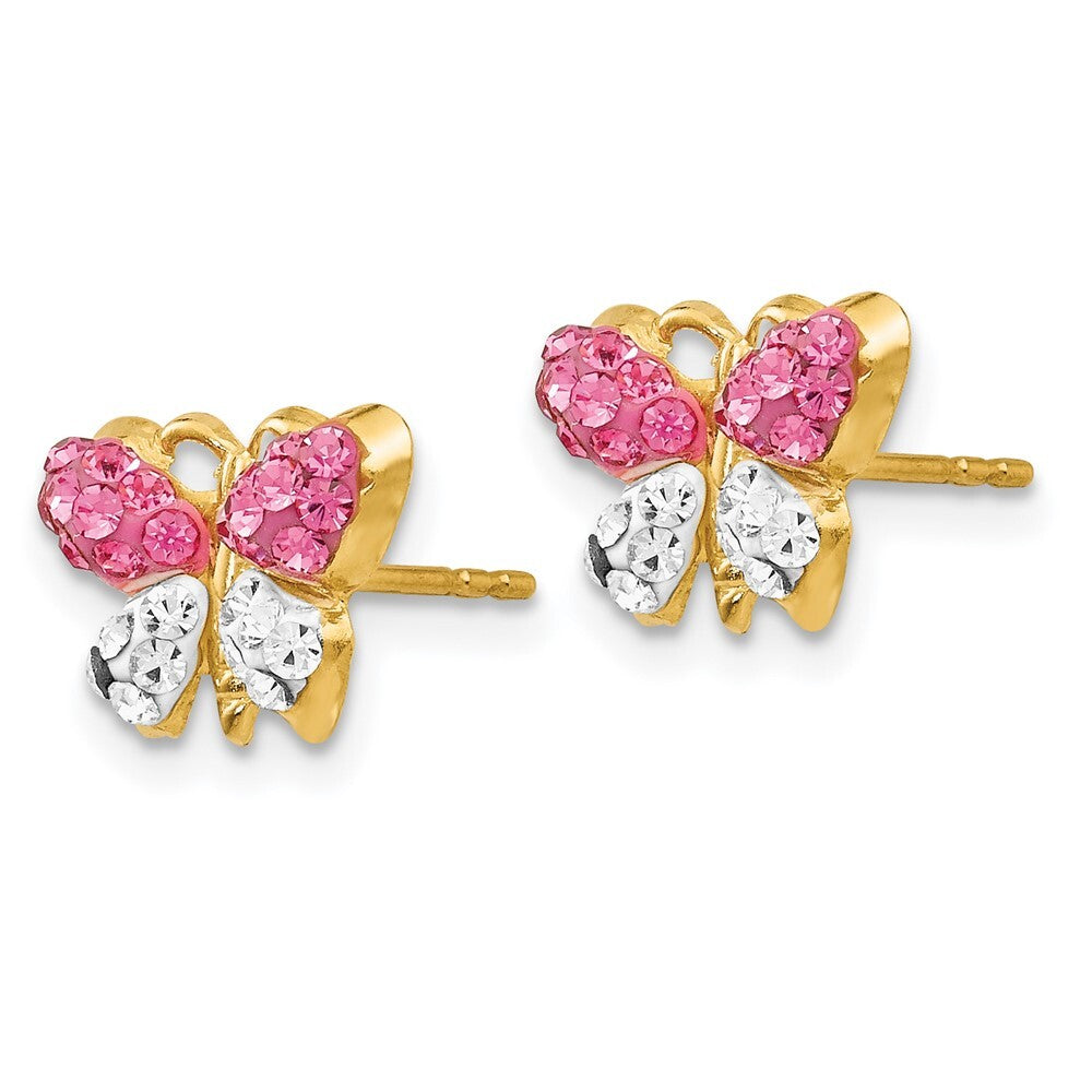 14k Yellow Gold Pink/White Crystal Butterfly Stud Earrings