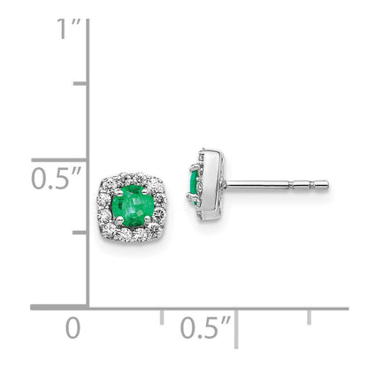 14k White Gold Diamond and Emerald Square Halo Stud Earrings