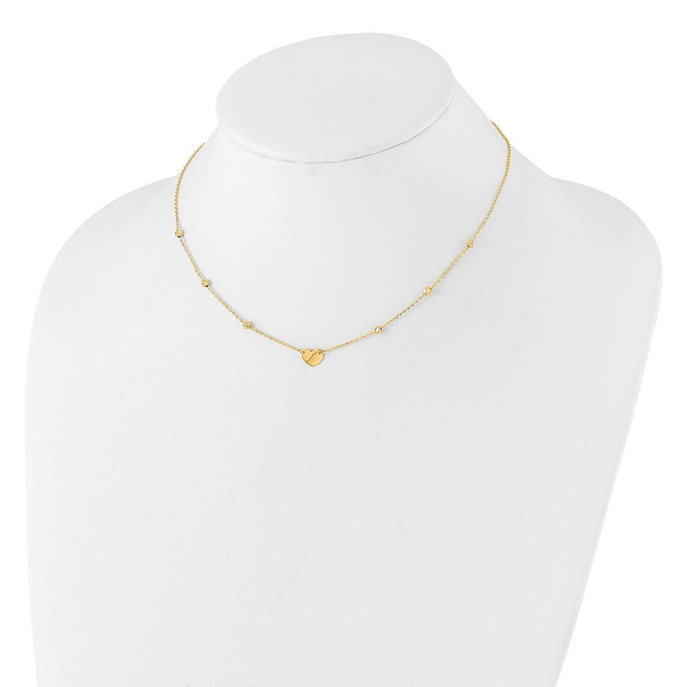 14k Yellow Gold  Heart and Diamond-cut Beads 15.5" Necklace Plus 2" Extender