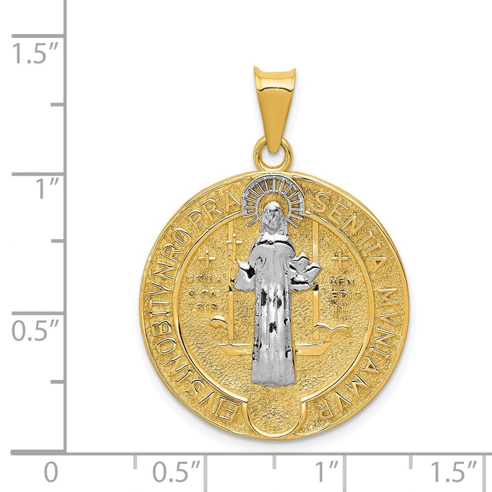 14k Yellow Gold With Rhodium Circle St. Benedict Medal Pendant