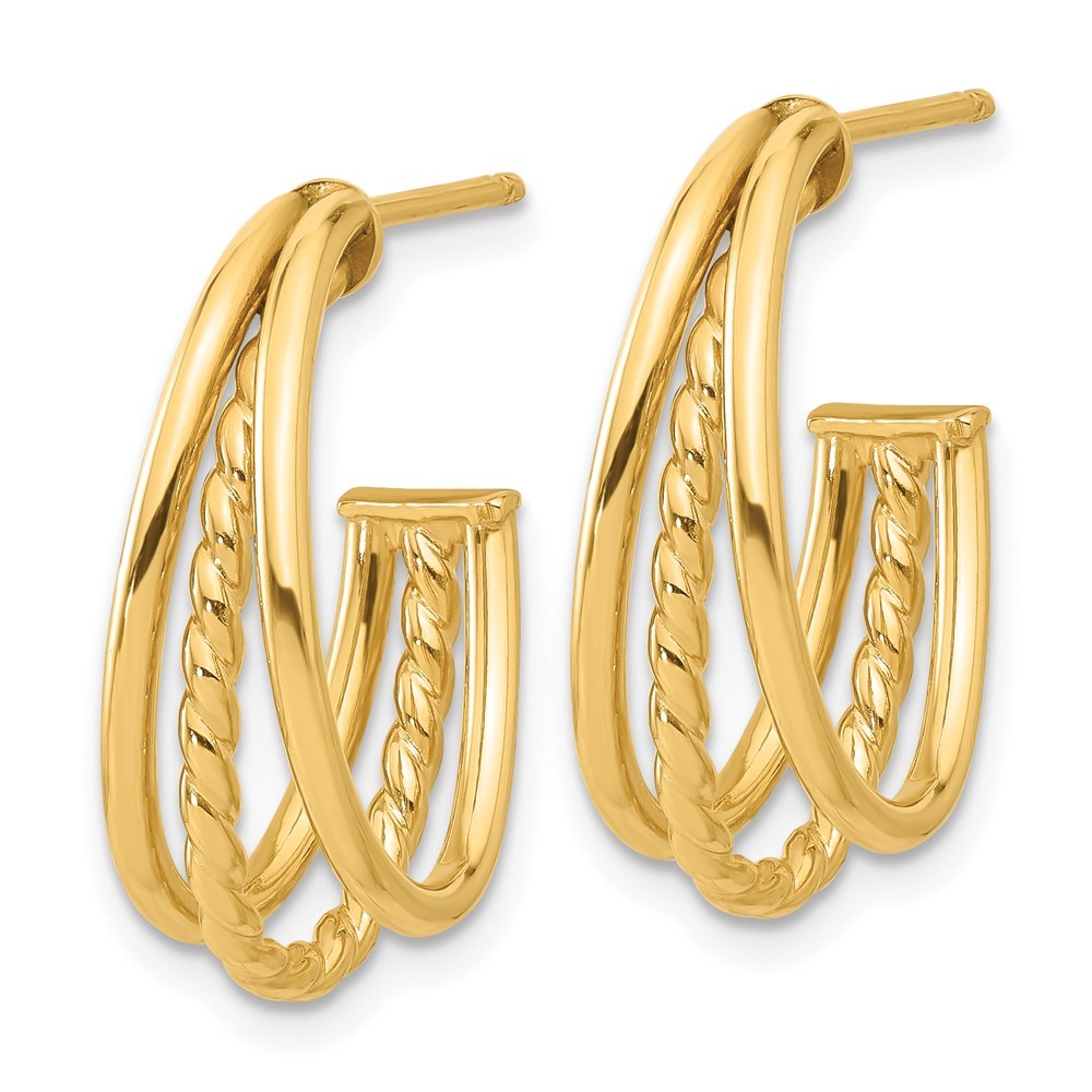 14k Yellow Gold Polished and Twist Oval Multi Row J-Hoop Earrings