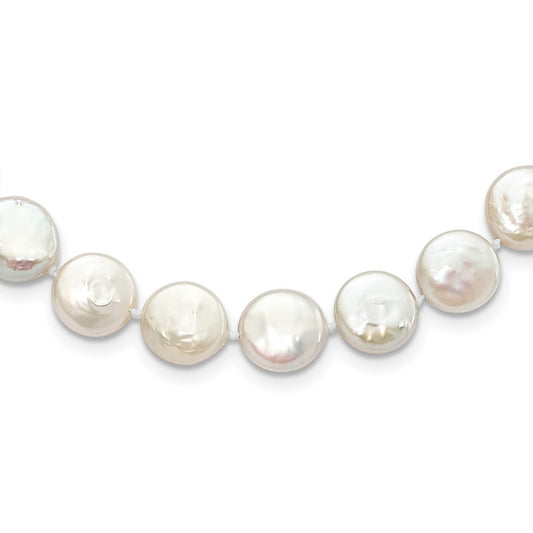 Sterling Silver Rhodium-plated 10-11mm White Coin Cultured Pearl Necklace 18"