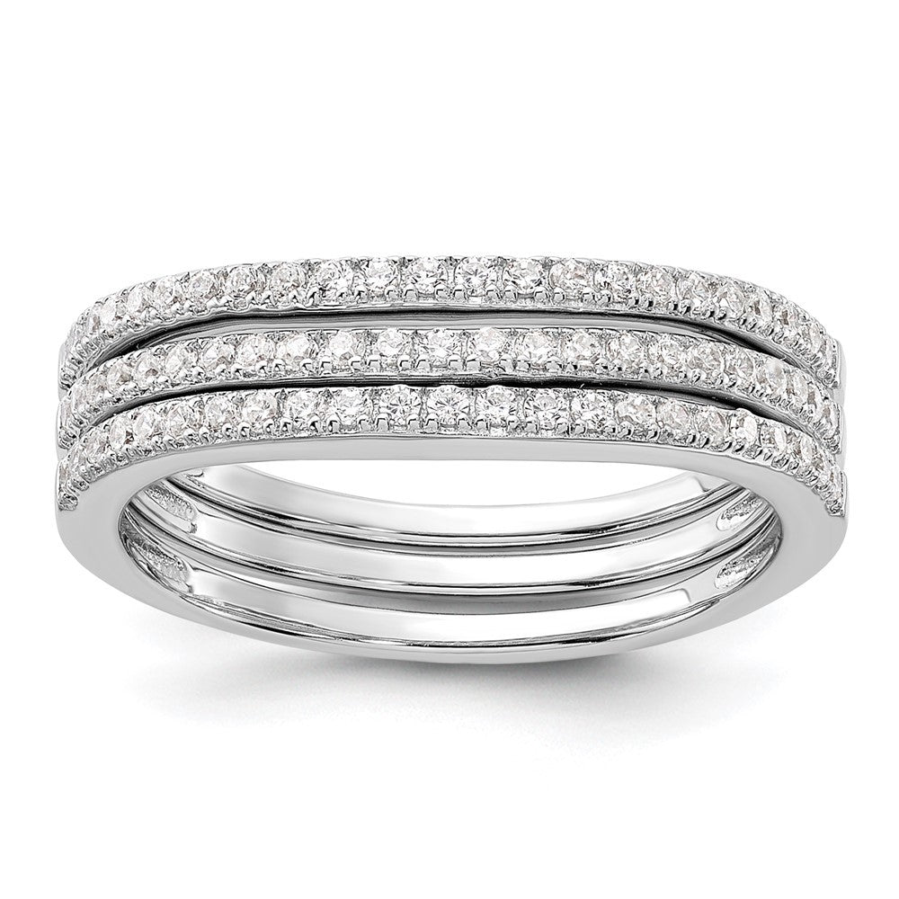 Sterling Silver Rhodium-plated CZ Curved 3 Band Ring Set