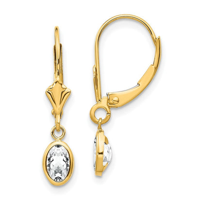 14k Yellow Gold 6x4 Oval Bezel April/White Topaz Leverback Earrings