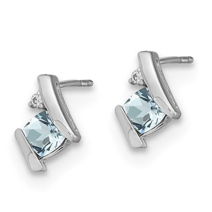 14K White Gold Cushion Aquamarine and Diamond Stud Earrings Gift for Women