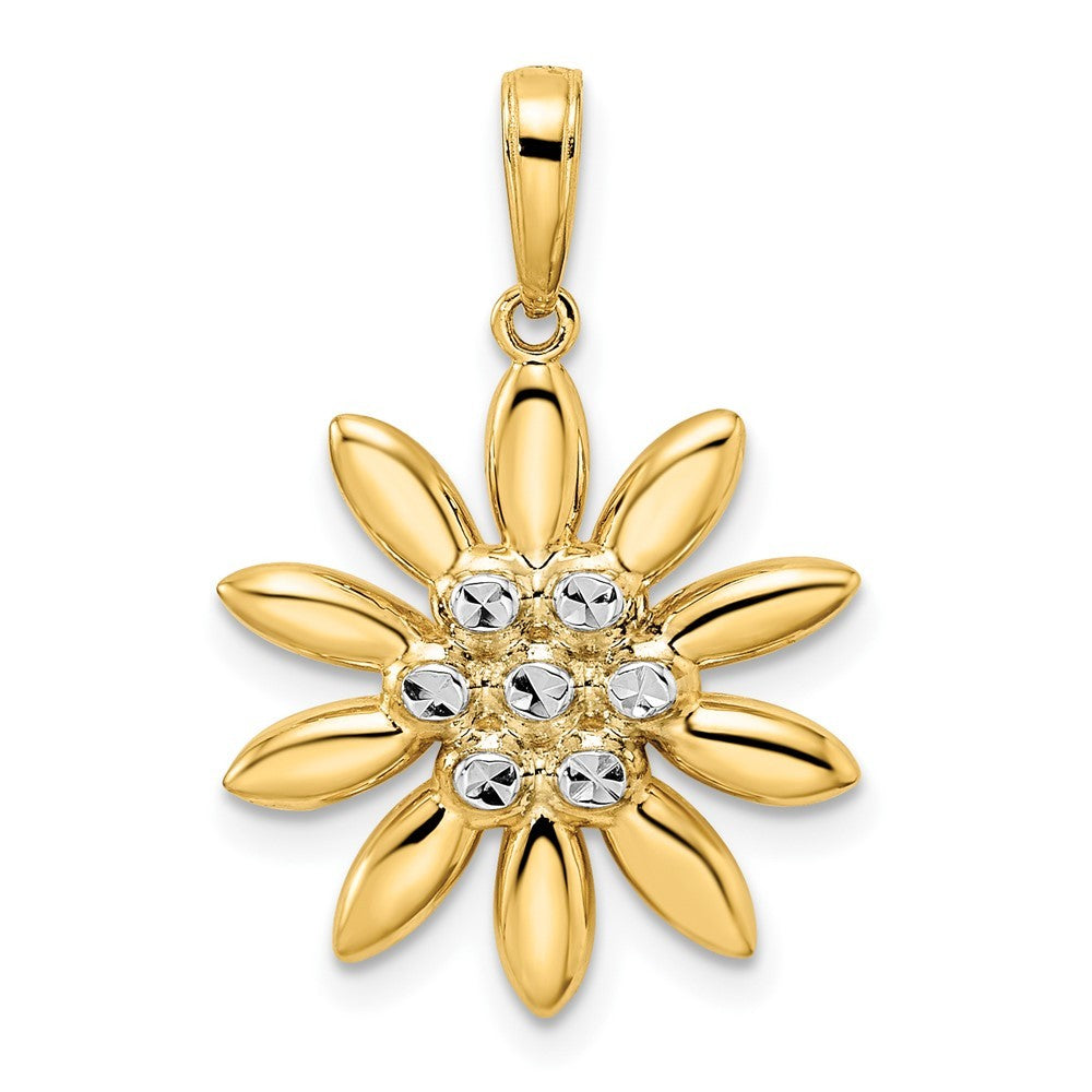 14k Yellow Gold and White Rhodium Diamond-cut Flower Pendant