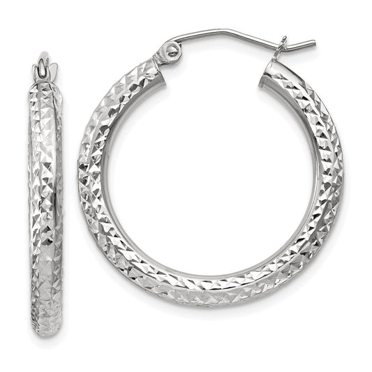 14k White Gold Diamond-cut 3mm Round Hoop Earrings Gift for Women