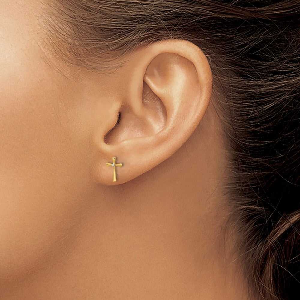 14k Yellow Gold Polished Cubic Zirconia Cross Stud Earrings Gift for Women