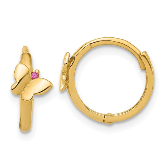 14k Yellow Gold Polished Pink Cubic Zirconia Butterfly Hinged Hoop Earrings