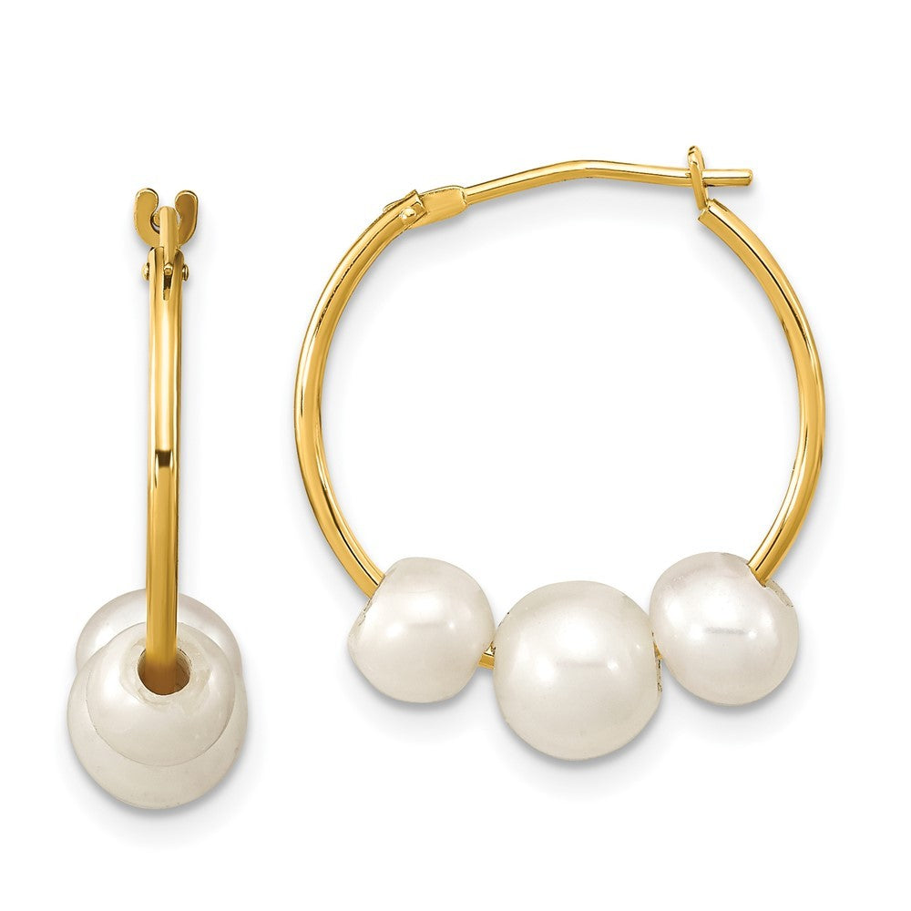 14k Yellow Gold 5-7mm White Round Freshwater Cultured 3-Pearl Hoop Earrings
