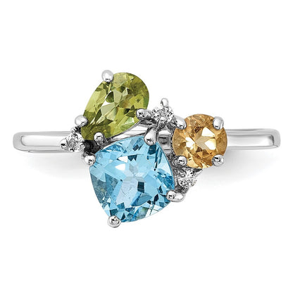 SS Rh Lt.Swiss Blue Topaz/ White Topaz and Peridot and Citrine Ring Size 7