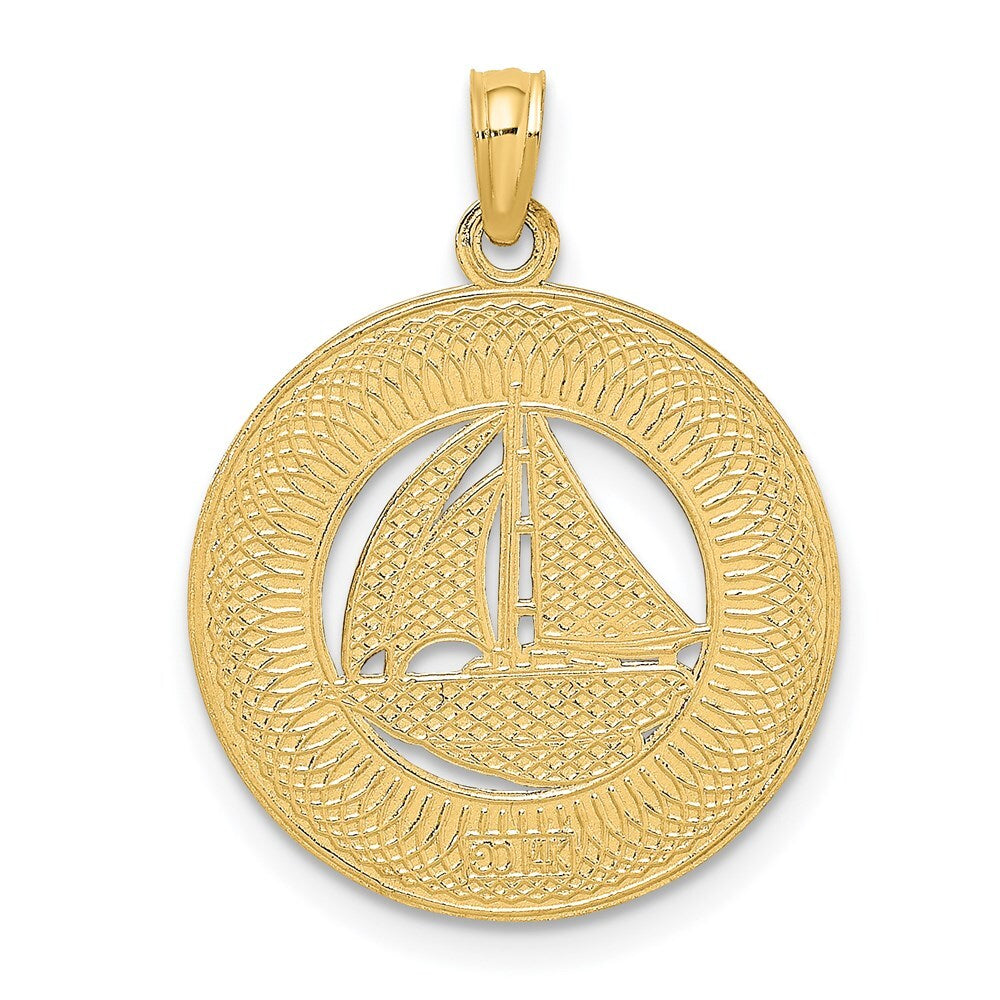 14k Yellow Gold KEY WEST Sailboat Circle Charm Pendant for Women